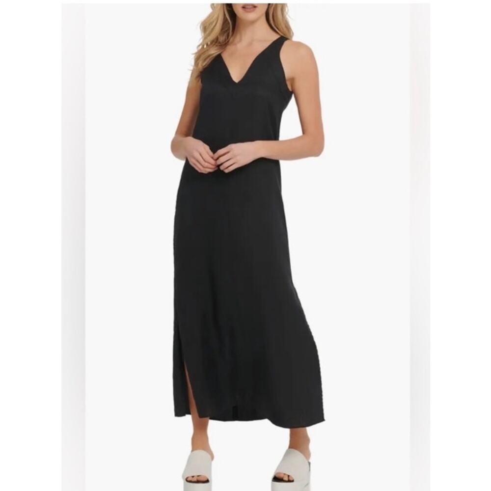 DKNY Black Linen Blend V-Neck Maxi Dress Sleeveless Casual Summer Size XS